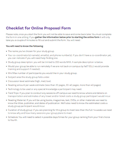 sample checklist for online proposal form template