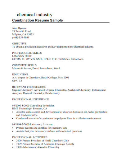 sample chemical industry combination resume template