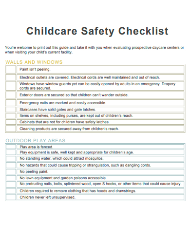 sample childcare safety checklist template