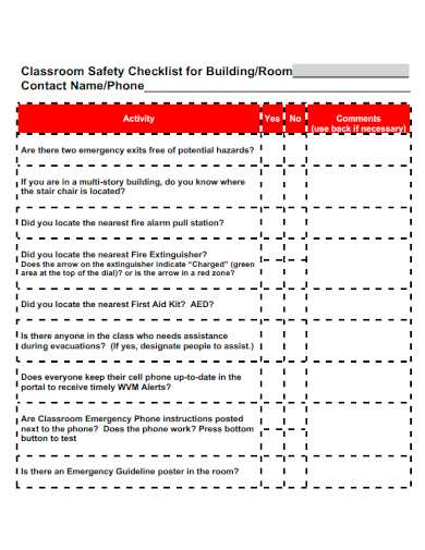 sample classroom safety checklist template