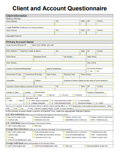 sample client account questionnaire template