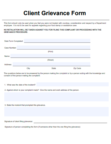 sample client grievance form template
