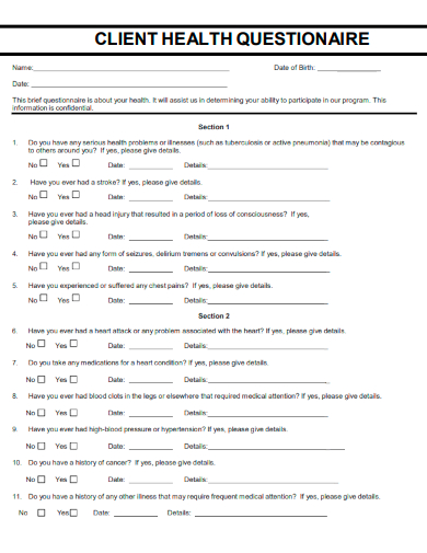 sample client health questionnaire template
