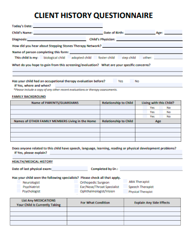 sample client history questionnaire template