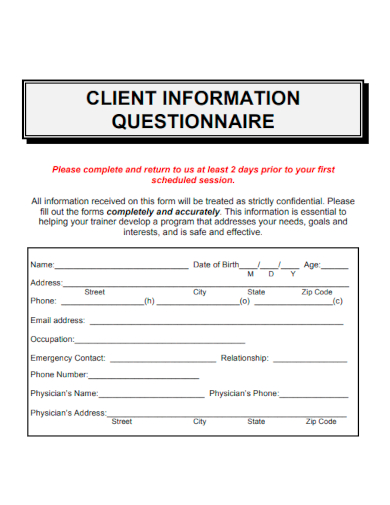 sample client information questionnaire template