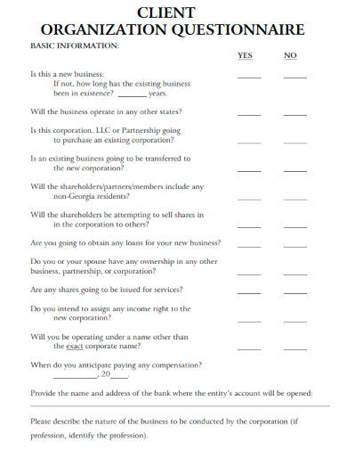 sample client organization questionnaire template