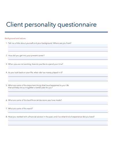 sample client personality questionnaire template