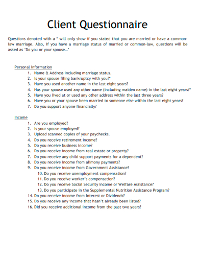 sample client questionnaire standard template