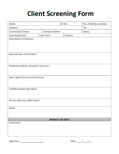 sample client screening form template