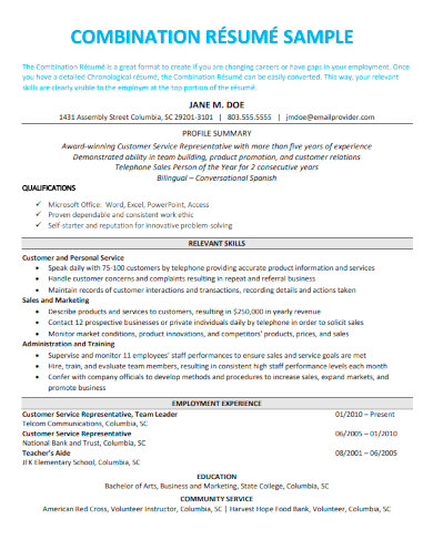 sample combination resume format template