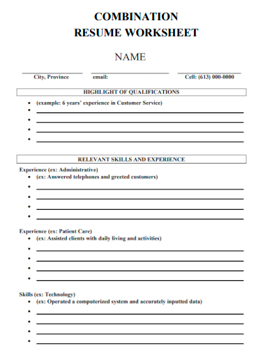sample combination resume worksheet template