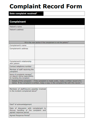 sample complaint record form template