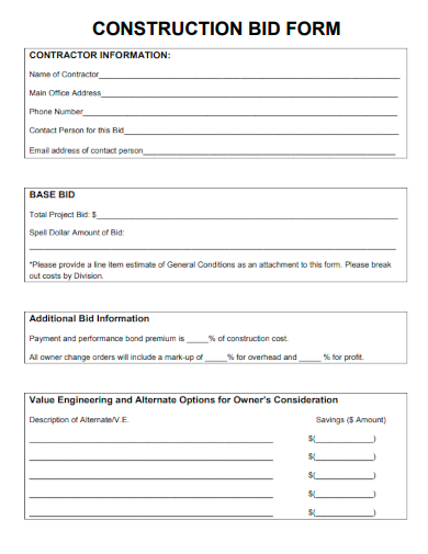 sample construction bid form templates