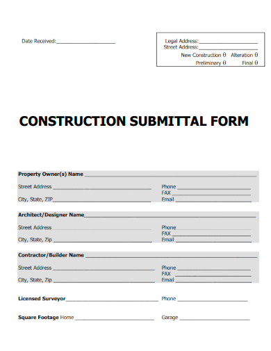 sample construction submittal form template
