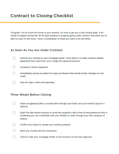 sample contract to closing checklist template
