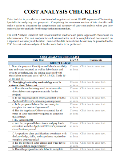 sample cost analysis checklist template