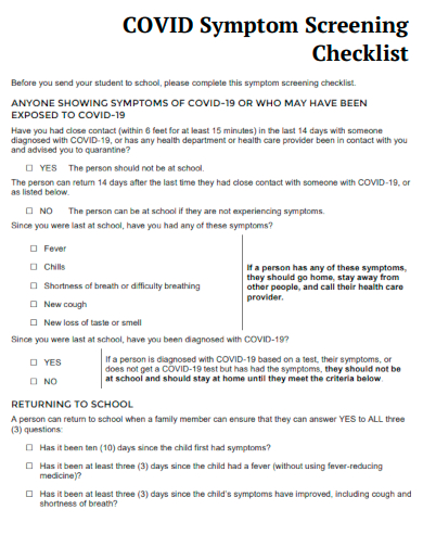 sample covid symptom screening checklist template