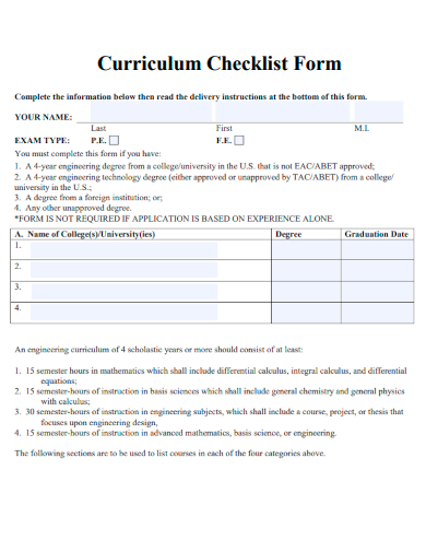 sample curriculum checklist form template