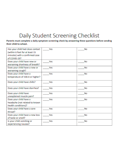 sample daily student screening checklist template