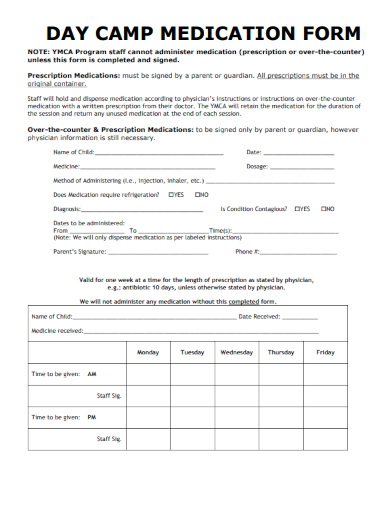 sample day camp medication form template