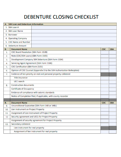 sample debenture closing checklist template
