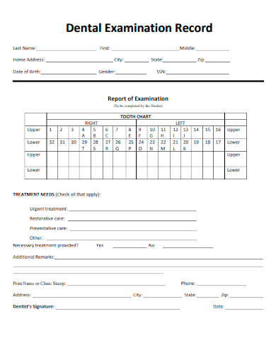 sample dental examination record form template