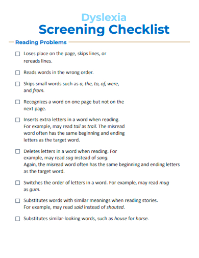 sample dyslexia screening checklist template