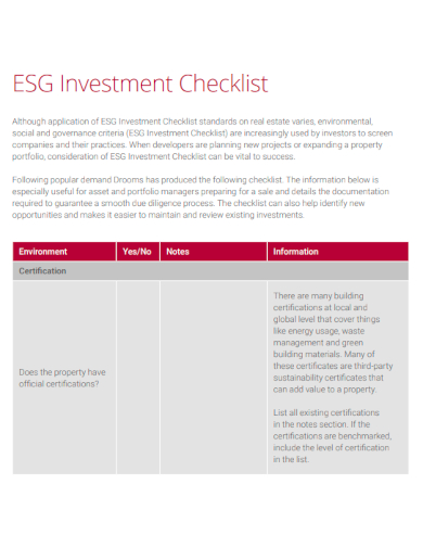 sample esg investment checklist template