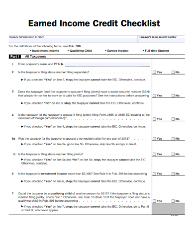sample earned income credit checklist form template