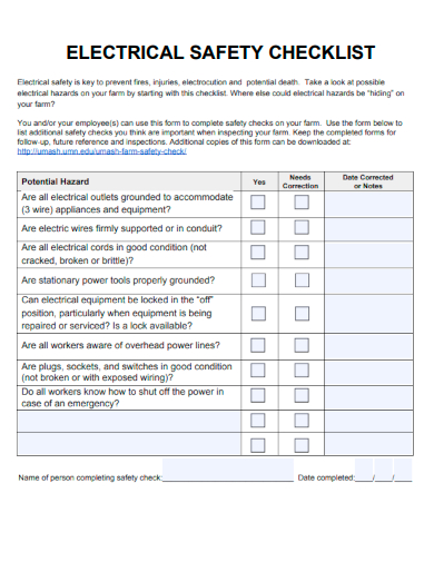 sample electrical safety checklist template