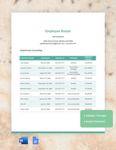 sample employee roster template
