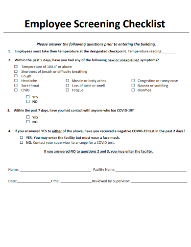sample employee screening checklist template