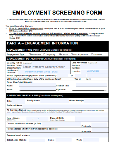 sample employment screening form template