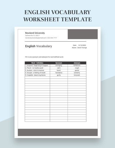 sample english vocabulary worksheet template