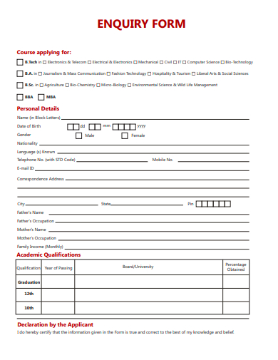 sample enquiry form template