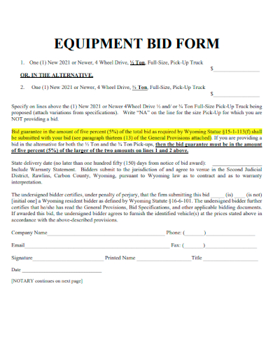 sample equipment bid form template
