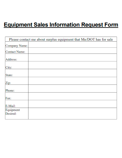 sample equipment sales information request form template