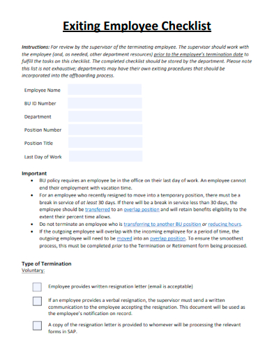 sample exiting employee checklist form template