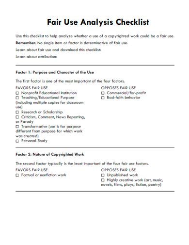sample fair use analysis checklist template