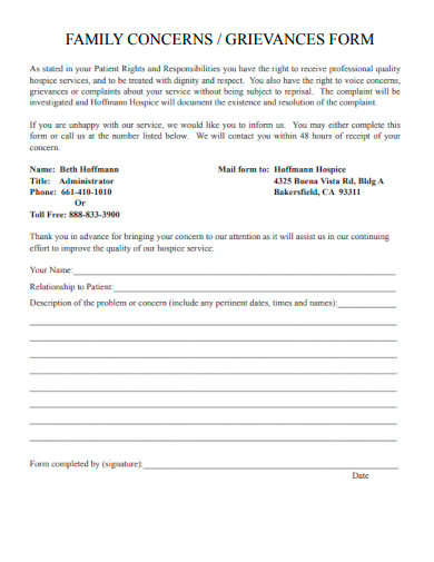 sample family concerns grievance form template