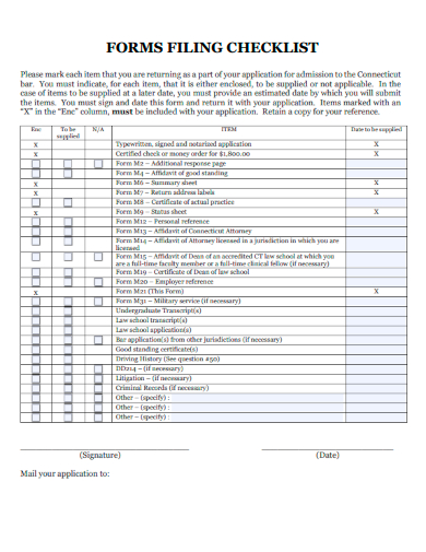 sample filing checklist form template
