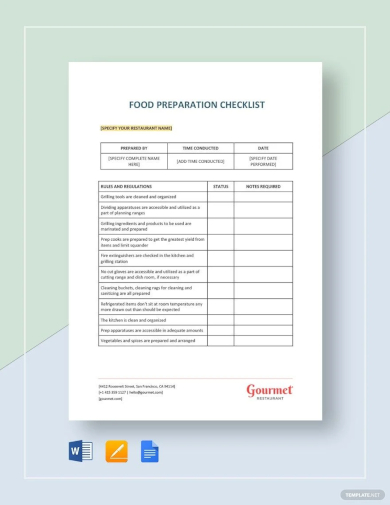 sample food preparation checklist template