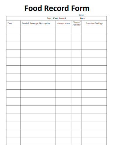 sample food record form template