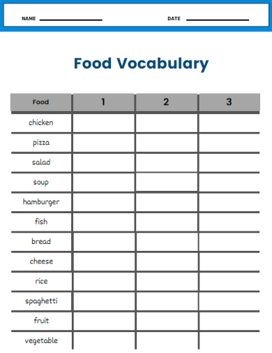 sample food vocabulary worksheet template