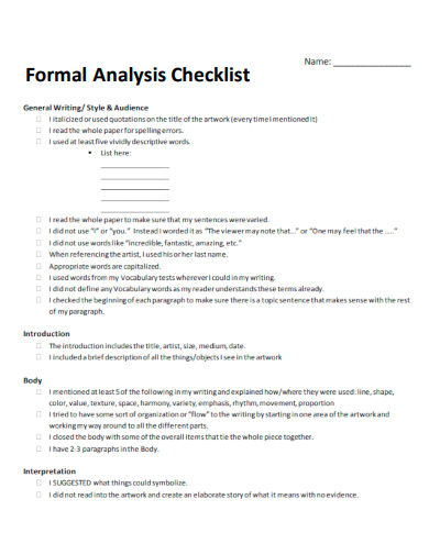 sample formal analysis checklist template