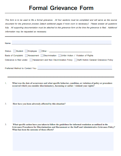 sample formal grievance form template