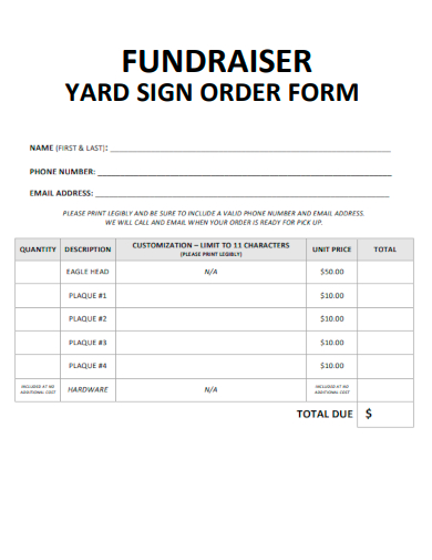 sample fundraiser yard sign order form template