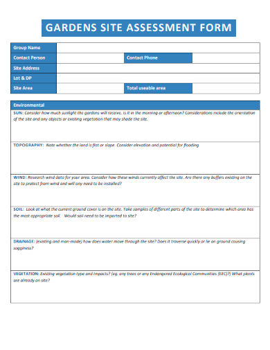 sample garden site assessment form template