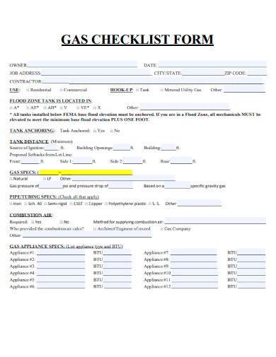 sample gas checklist form template