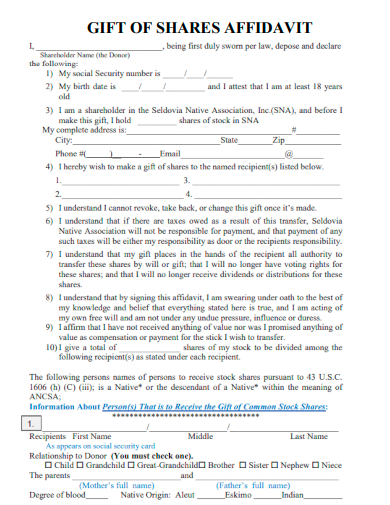 sample gift of shares affidavit template